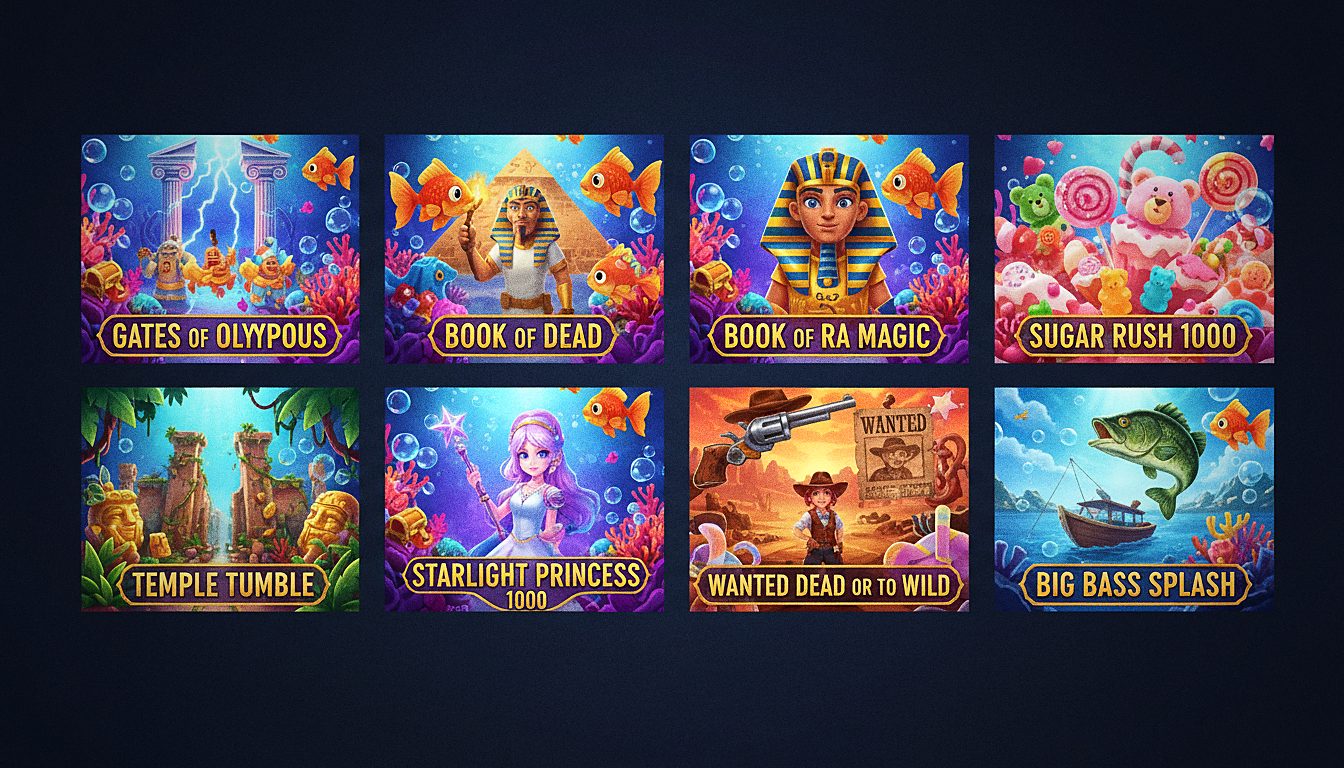 Catalogue de jeux Spinfin Casino : Gates of Olympus, Book of Dead, Book of Ra Magic, Sugar Rush 1000, Temple Tumble, Starlight Princess 1000, Wanted Dead or a Wild, Big Bass Splash