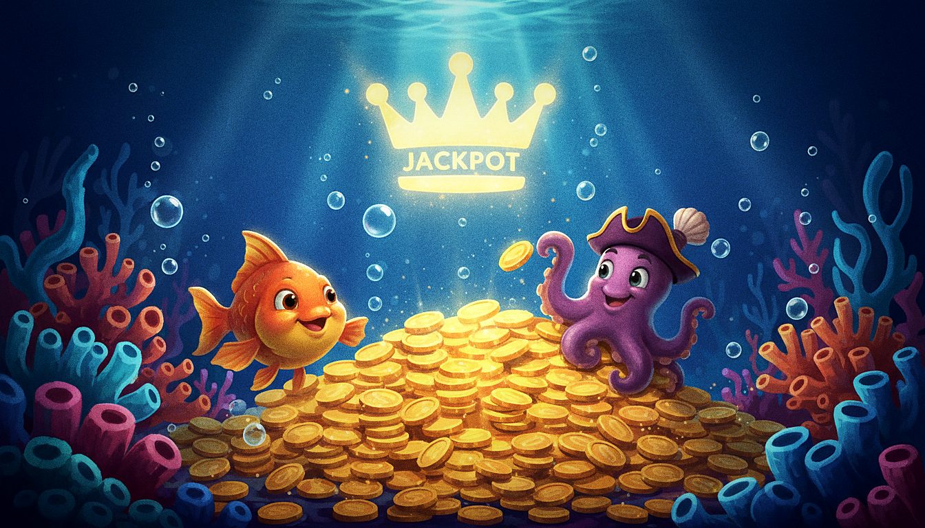 pile of gold coins and a glowing jackpot sign